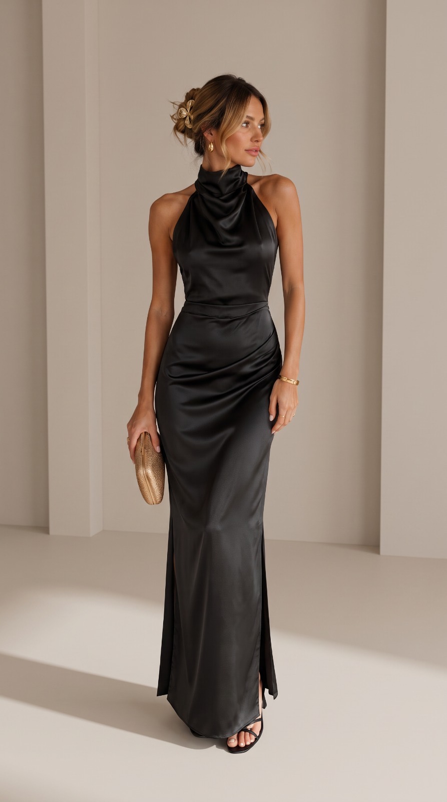 Turtle Neck Satin Dress in Black