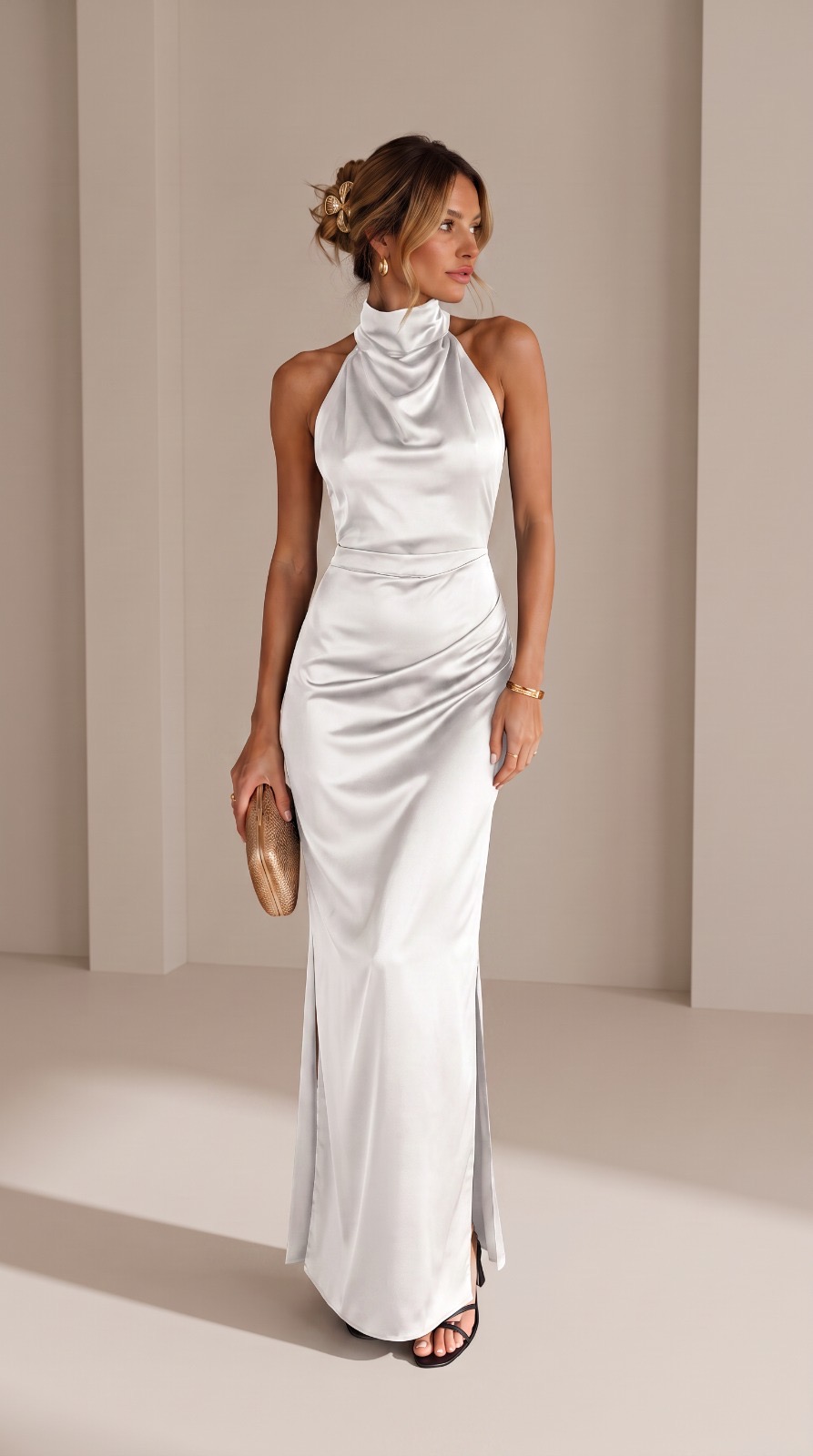 Turtle Neck Satin Dress in White